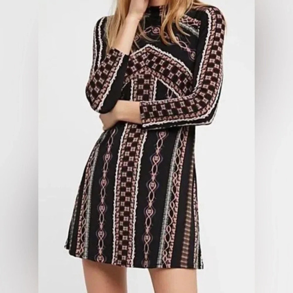 Free People Stella Mini Dress Size XS Long Sleeves Stripes Boho Zip Back Retro - Picture 6 of 8